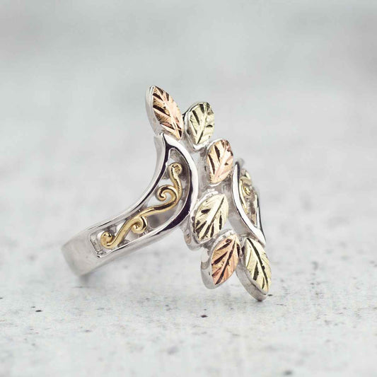 Black Hills Gold Leaf & Filigree Bypass Ring in Sterling Silver & 10K Yellow Gold side profile