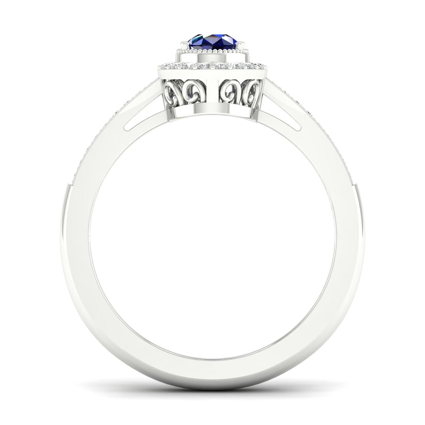 Blue Pear-Shaped Sapphire and 1/8 ct. tw. Diamond Halo Ring with Milgrain and Filigree Design in 10K White Gold side profile