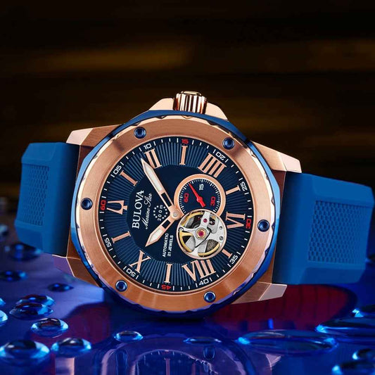 Bulova Men's Marine Star Automatic Pink Gold-Tone Stainless Steel Watch with Blue Dial
