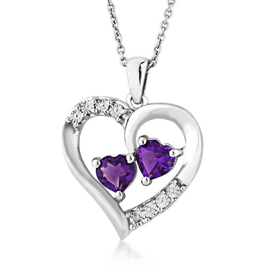 Genuine Double Heart Shaped Amethyst & Round Diamond Heart Pendant with Miracle Plating in Sterling Silver front view