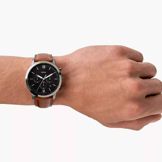 Fossil Men's Neutra Quartz Chronograph Gray Stainless Steel Watch with Gray Dial & Leather Strap front view