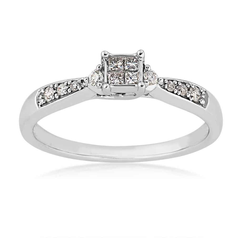 I Promise 1/6 ct. tw. Diamond Princess Cut Quad Promise Ring with Round Diamond Accented Band in 10K White Gold