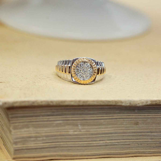 Men's 5/8 ct. tw. Round Brilliant Cluster Rolex Style Fashion Ring in 10K White & Yellow Gold close-up detail