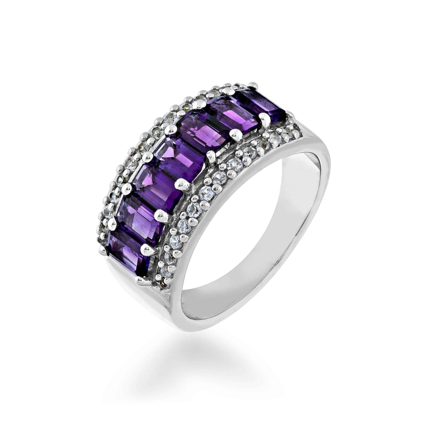 Emerald Cut Amethyst and Lab Created White Sapphire Fashion Band in Sterling Silver front view