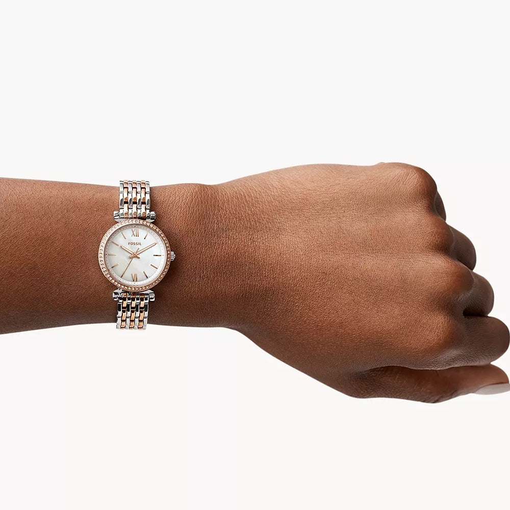 Fossil Ladies' Carlie Quartz White & Rose Gold-Tone Stainless Steel Watch with Crystal Accent Mother of Pearl Dial front view