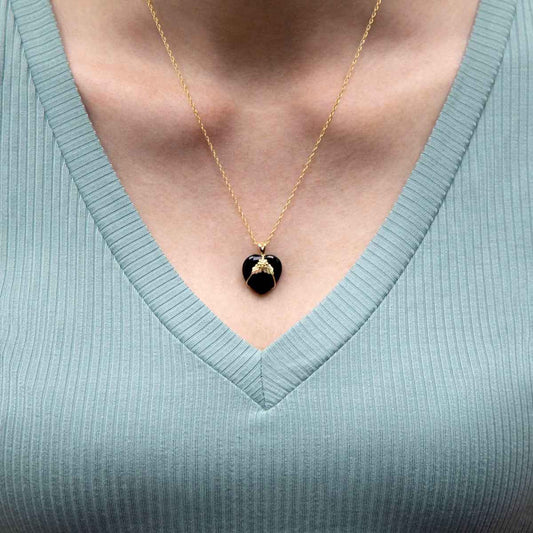 Black Hills Gold Heart Onyx Grape Cluster & Leaf Pendant in 10K Yellow Gold front view