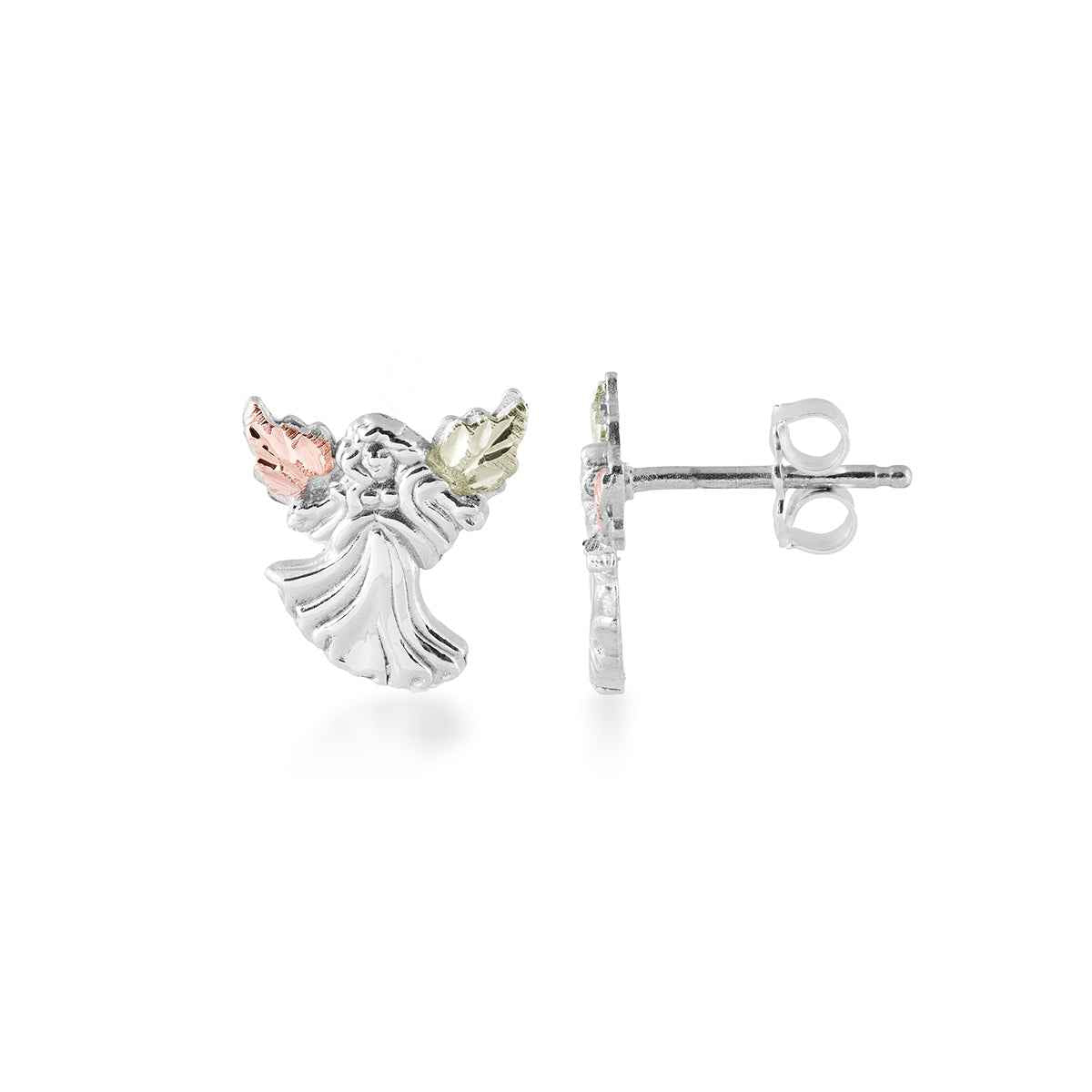 Black Hills Gold Pink & Green Leaf Winged Angel Earrings in Sterling Silver