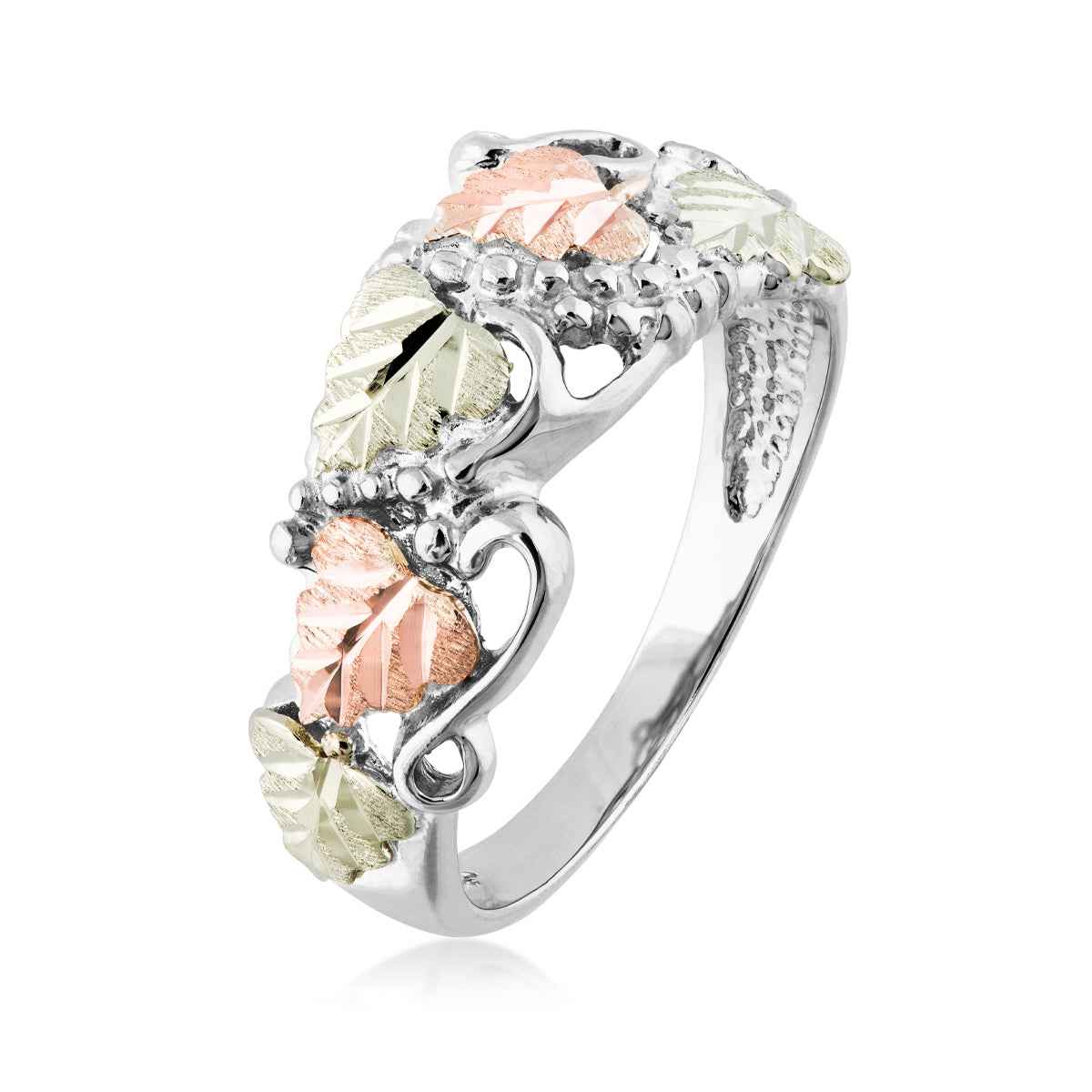 Black Hills Gold Pink & Green Leaf Grapevine Ring in Sterling Silver front view