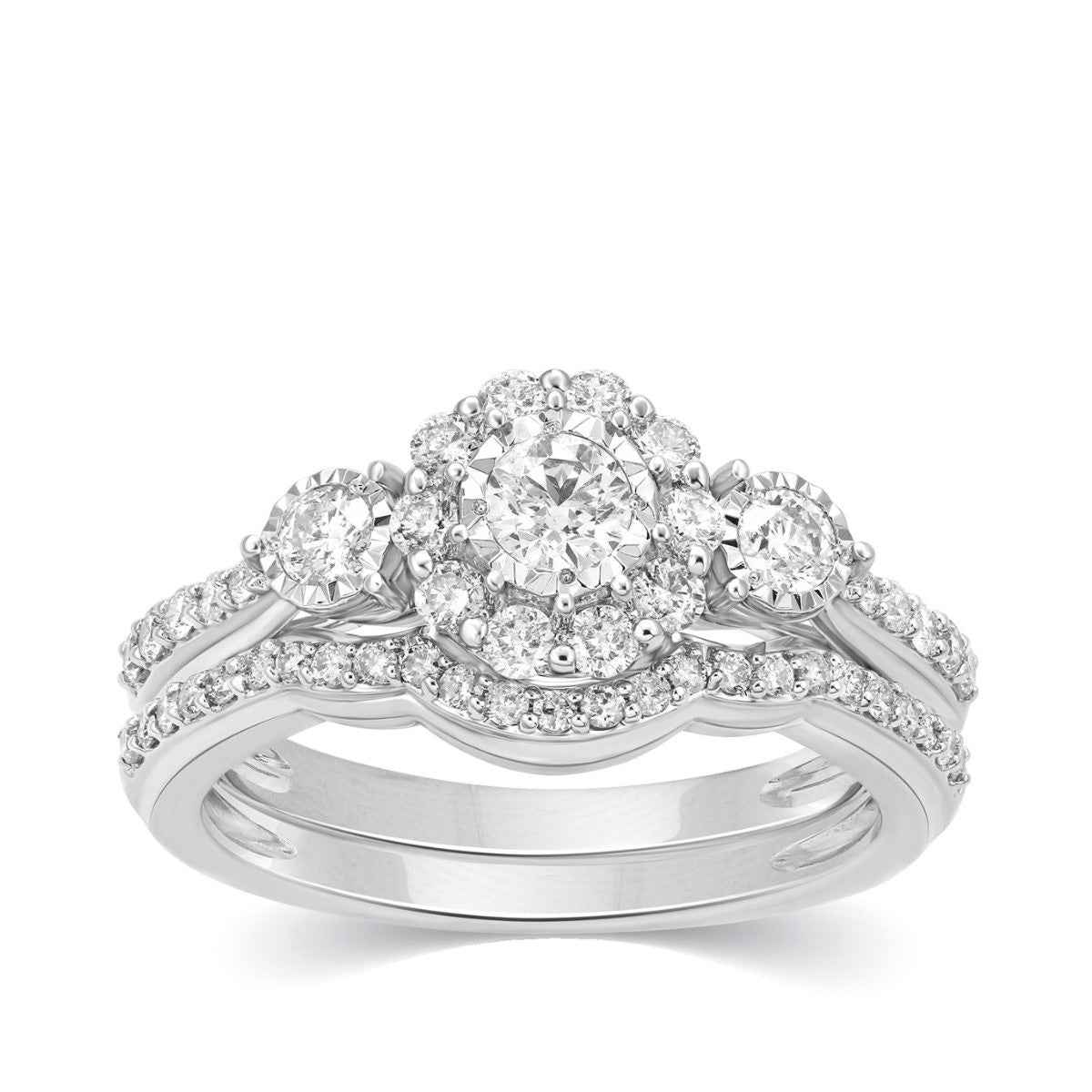 9/10 ct. tw. 3-Stone Round Brilliant Diamond Wedding Set with Miracle Plated & Diamond Halo in 10K White Gold