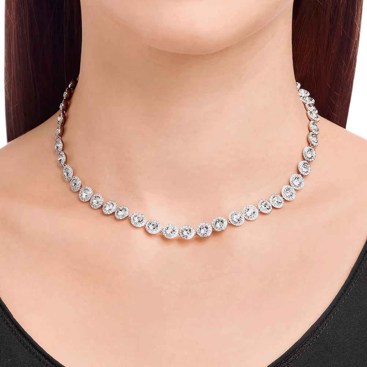 Swarovski Una Angelic Round White Crystal Necklace in White Rhodium Plating close-up detail