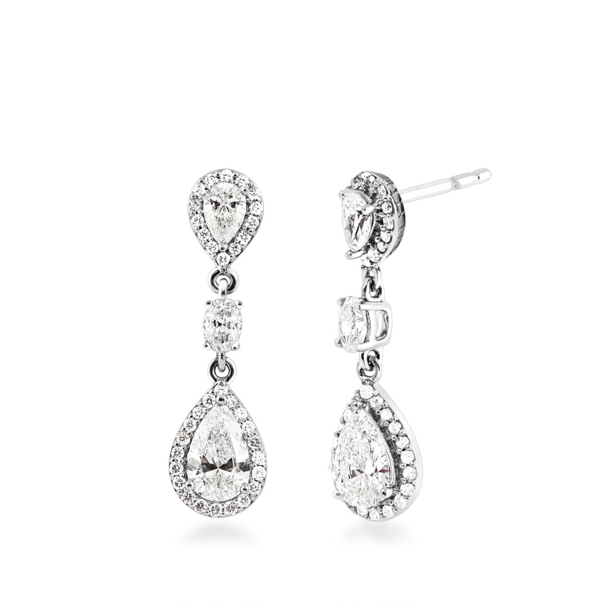 1-3/8 ct. tw. Pear & Oval Diamond Halo Dangle Earrings in 18K White Gold