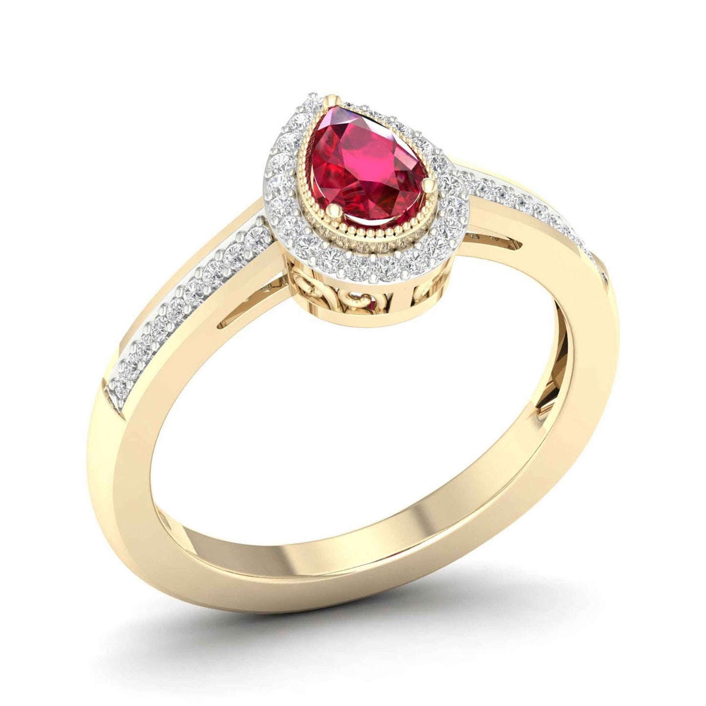 Red Pear-Shaped Ruby and 1/8 ct. tw. Diamond Halo Ring with Milgrain and Filigree Design in 10K Yellow Gold side profile