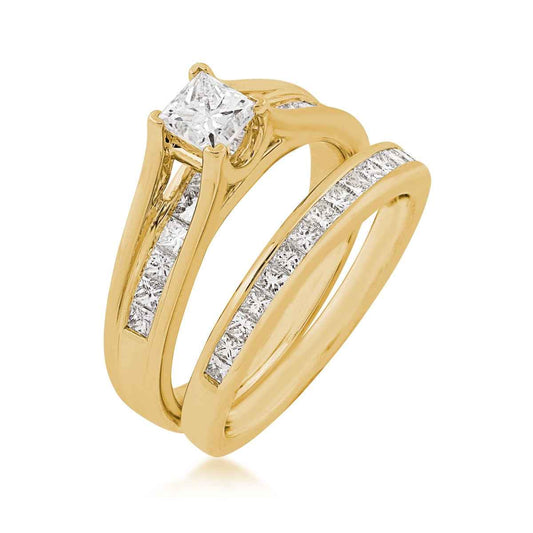 Natural 1-1/2 ct. tw. Princess Cut Diamond Channel Wedding Set in 14K Yellow Gold close-up detail