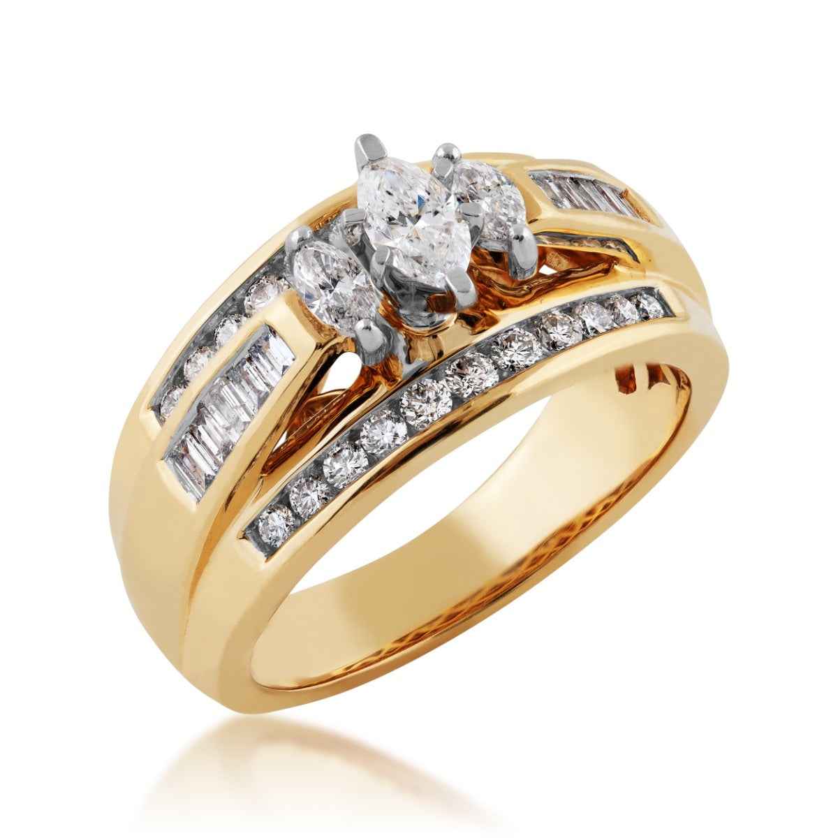 Timeless Collection 1 ct. tw. 3-Stone Marquise Diamond Engagement Ring with Straight Baguette & Round Diamond Band front view