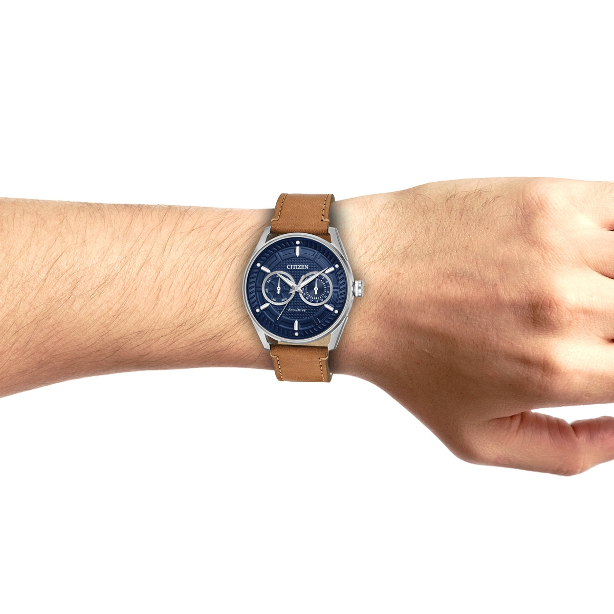 Citizen Men's Weekender Eco-Drive Stainless Steel Watch with Dark Blue Dial & Leather Strap side profile