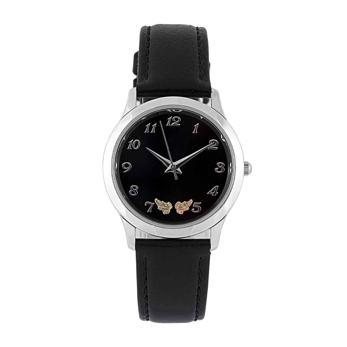 Black Hills Gold Men's Quartz Stainless Steel Watch with Black Dial & Black Leather Strap