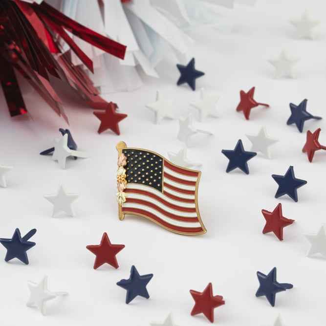 Black Hills Gold American Flag Lapel Pin in 10K Yellow Gold front view