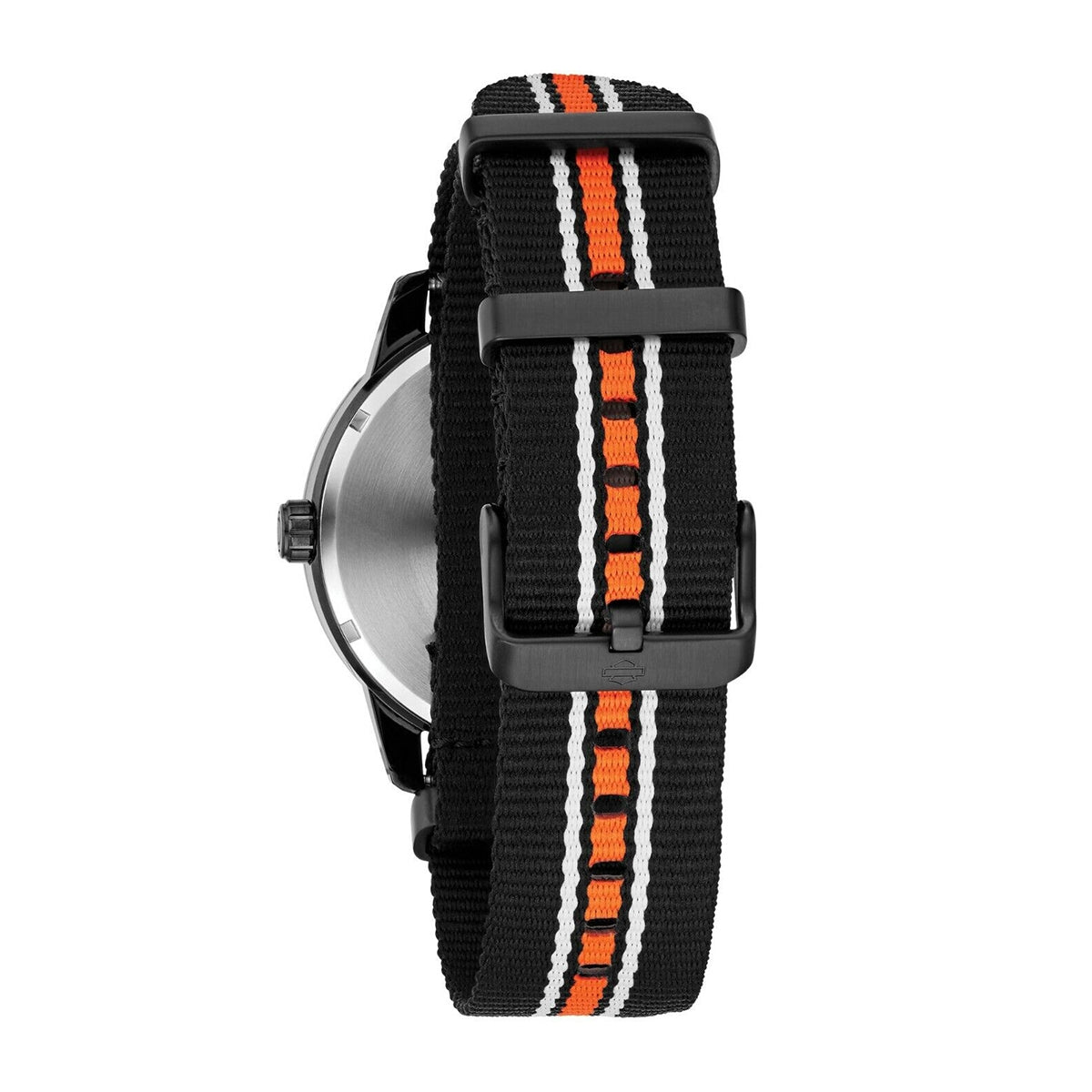 Harley Davidson Black Stainless Steel Watch with Black & Orange Nylon Strap close-up detail