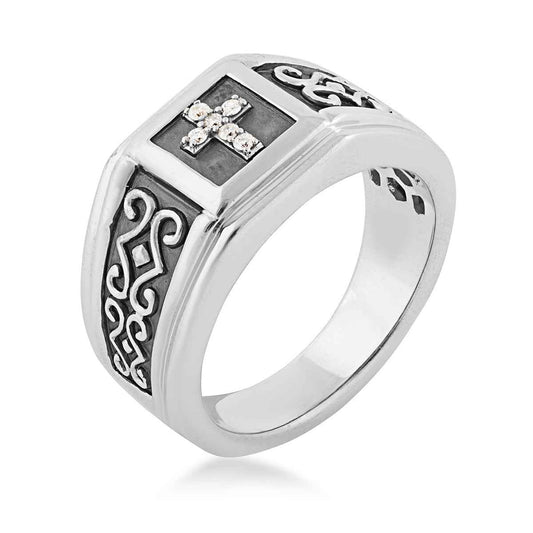 Diamond Accent Men's Cross Ring with Black Rhodium Plating in Sterling Silver front view