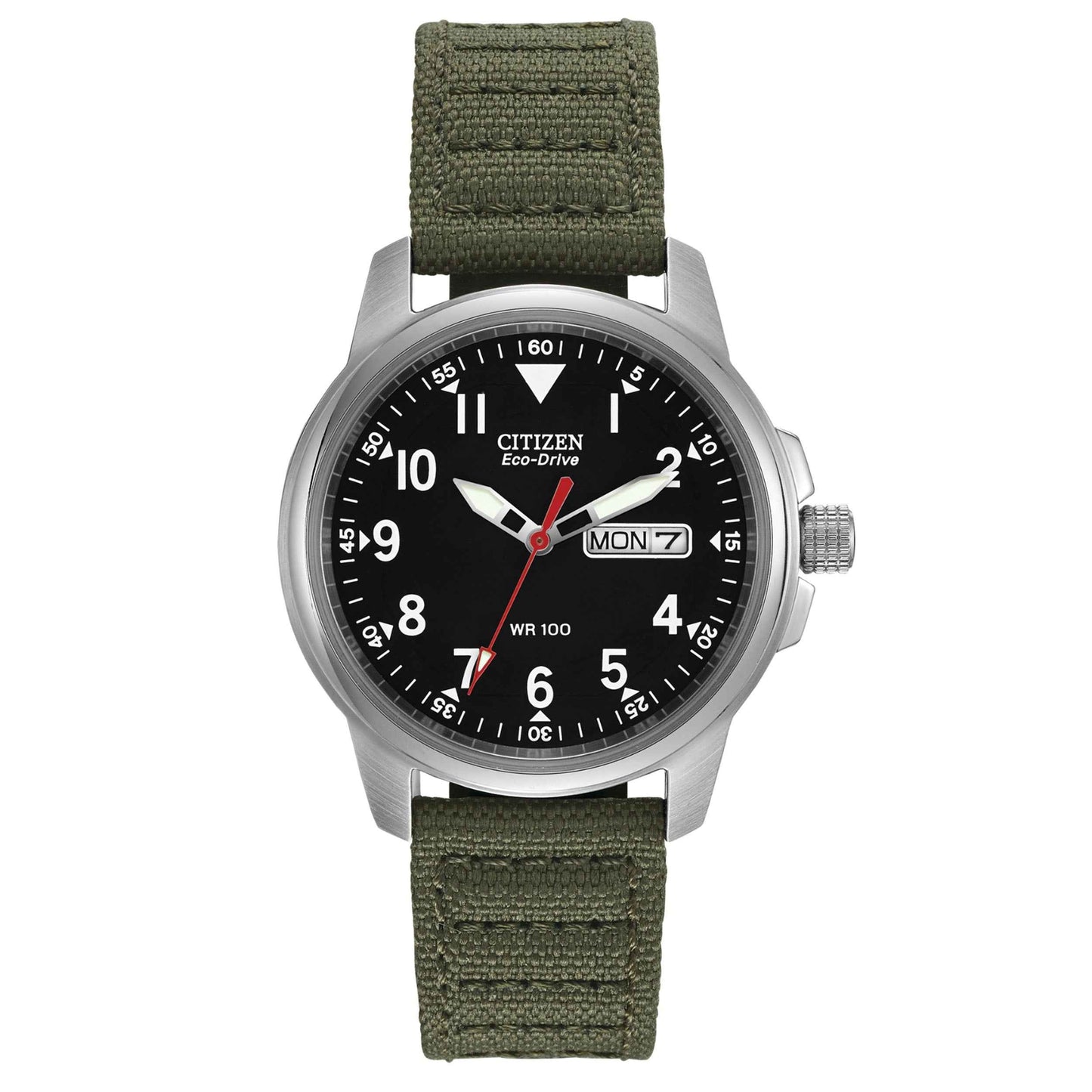 Citizen Chandler Men's Military Inspired Watch with Simple Black Dial in Stainless Steel Case with Rugged Woven Green