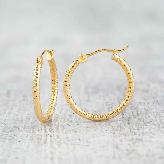 2X20mm Diamond Cut Hoop Earrings in 14K Yellow Gold front view