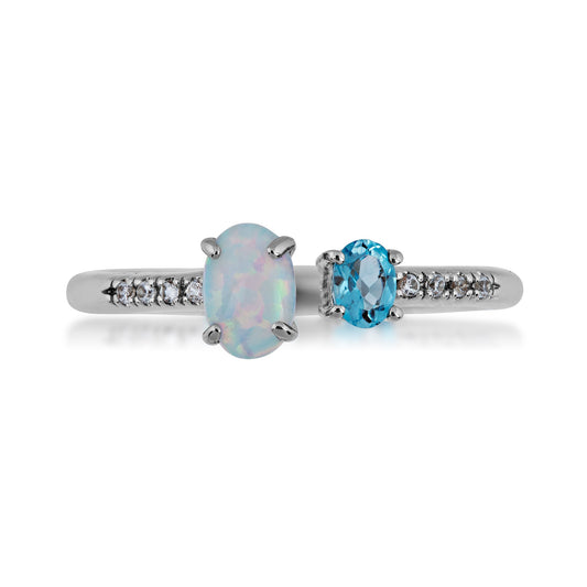 Oval Swiss Blue Topaz & Created Oval Opal Open Top Ring with White Sapphire Band in Sterling Silver front view