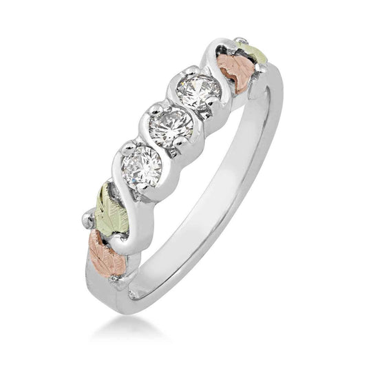 Black Hills Gold Round 3-Stone Cubic Zirconia Four Leaf Anniversary Ring in Sterling Silver front view