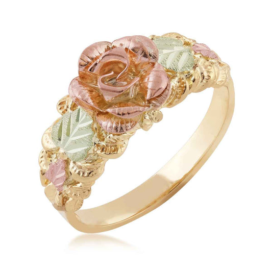 Black Hills Gold Green & Pink Leaf Textured Rose Ring in 10K Yellow Gold front view