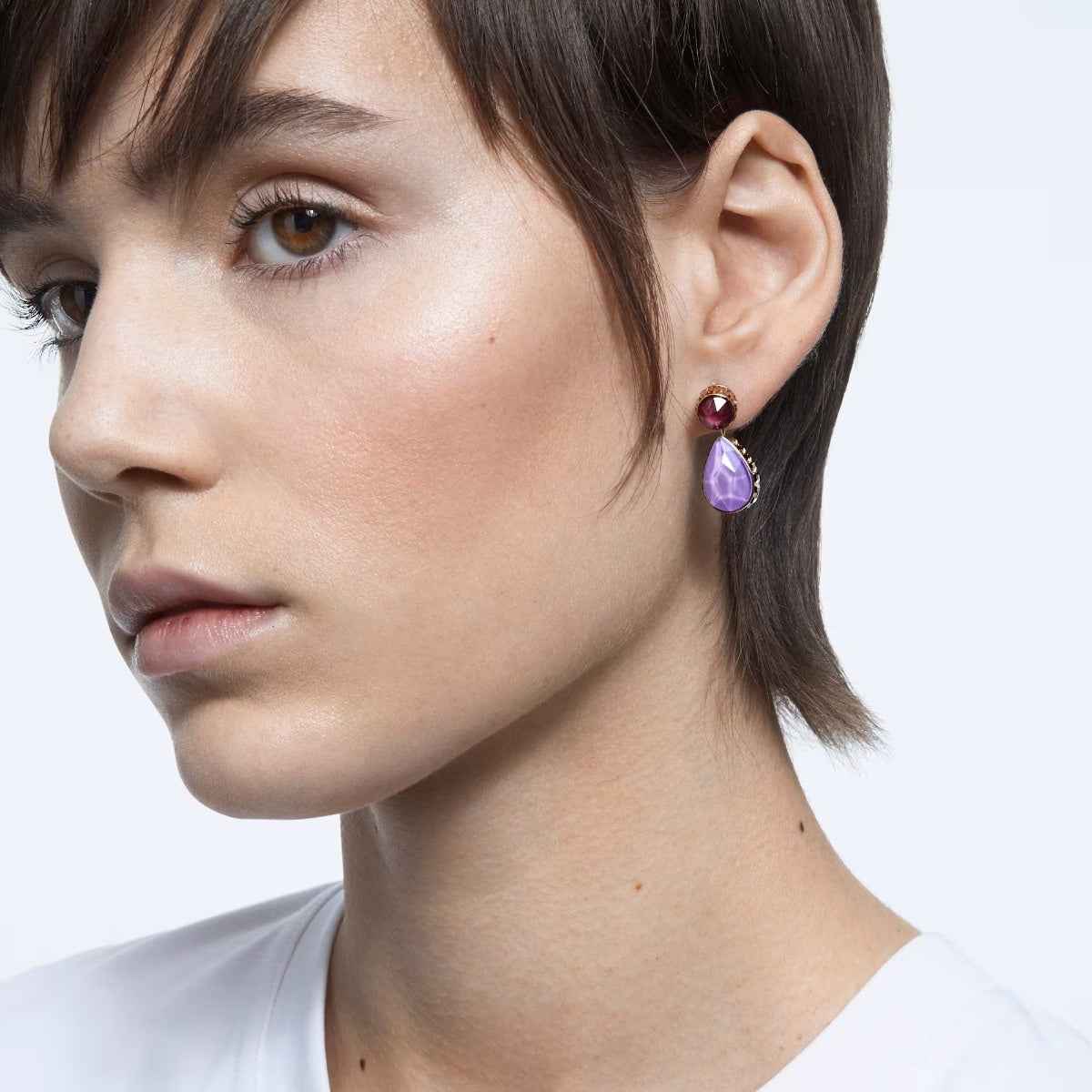Swarovski Chroma Pear & Round Purple & Red Crystal Dangle Earrings in Yellow Gold-Tone Plating close-up detail