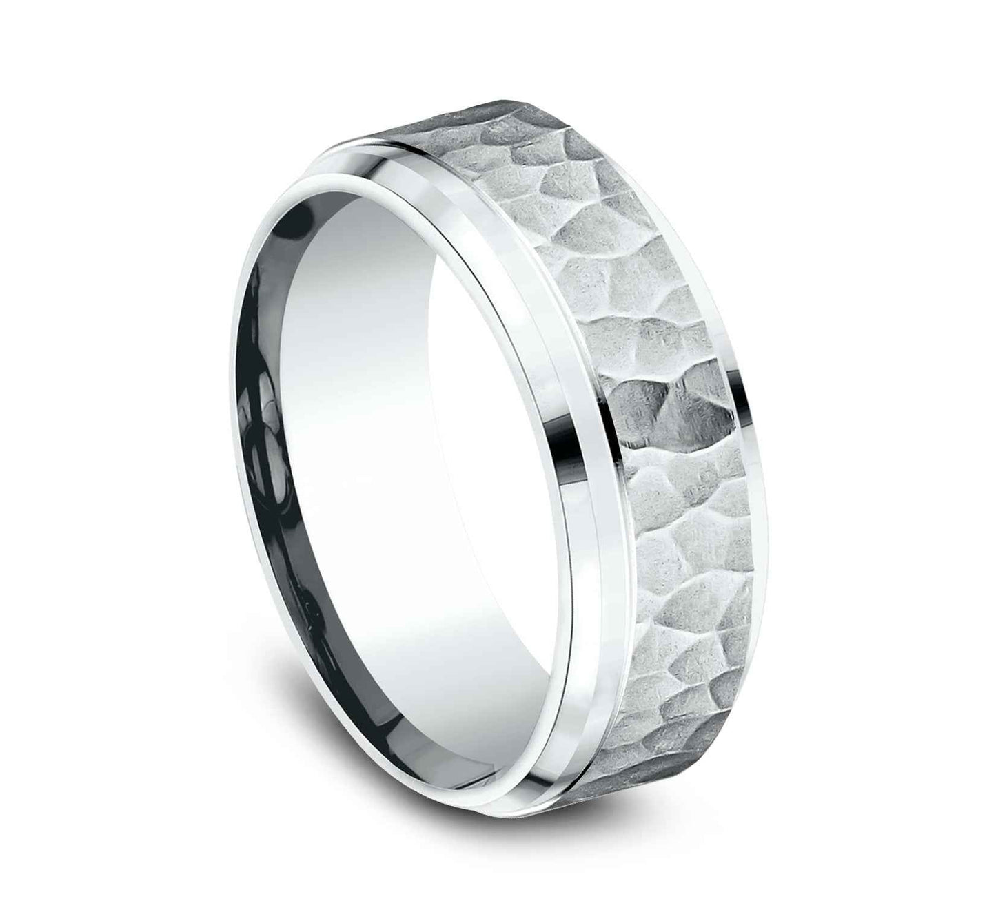 Benchmark Men's 8mm Wedding Band with Hammered Design in 10K White Gold front view