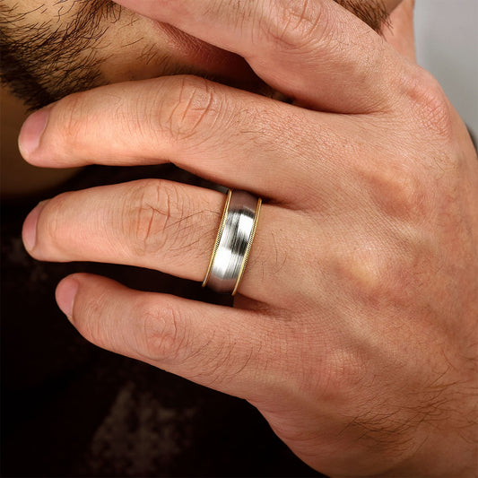 Gabriel & Co. Aaron Men's 8mm Satin Finish Rope Edge Wedding Ring in 14K White & Yellow Gold close-up detail