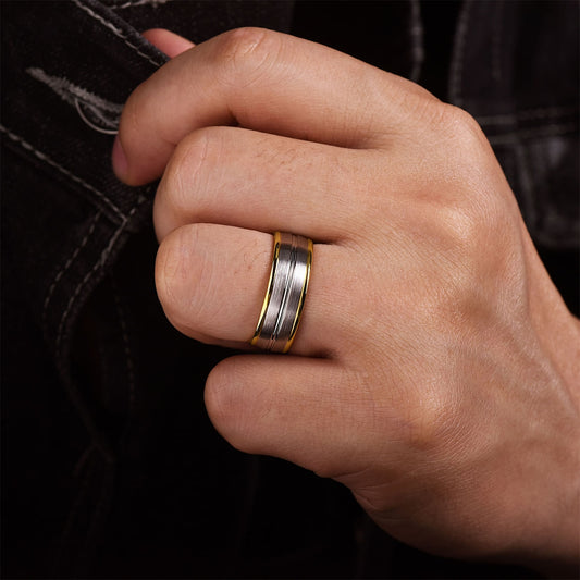 Gabriel & Co. Beaux Men's 8mm Satin Finish Center Line Wedding Ring in 14K White & Yellow Gold close-up detail