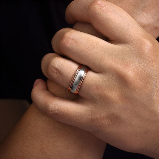 Gabriel & Co. Derek Men's 8mm Satin Finish Step Edge Wedding Ring in 14K White & Pink Gold close-up detail