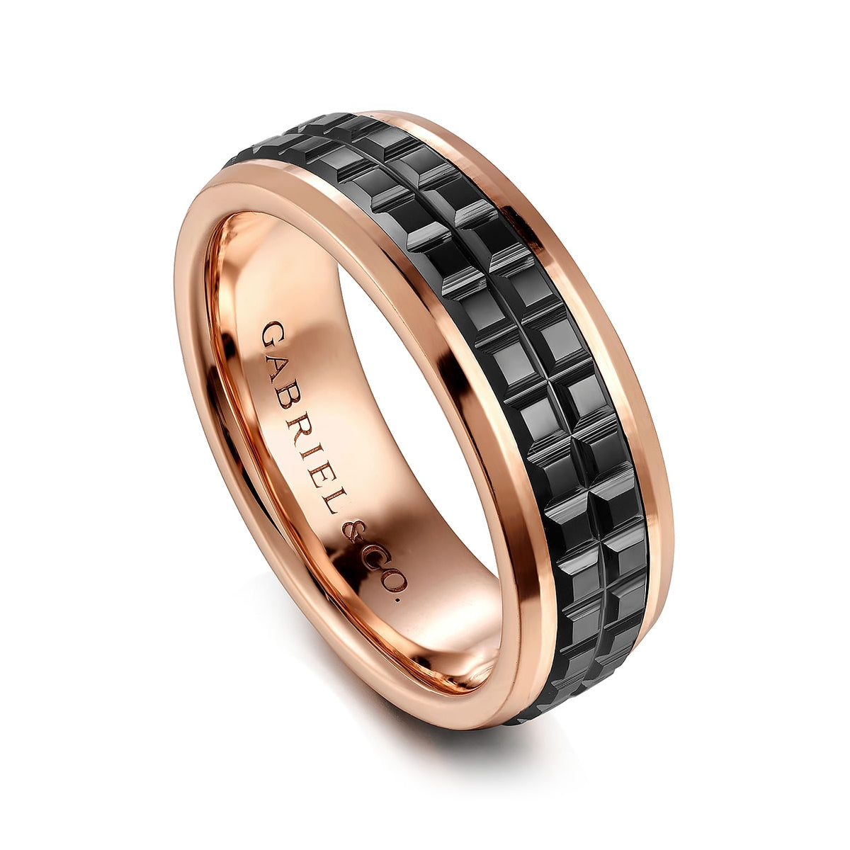 Gabriel & Co. Brad Men's 7mm Black Ceramic Beveled Edge Wedding Ring in 14K Pink Gold front view