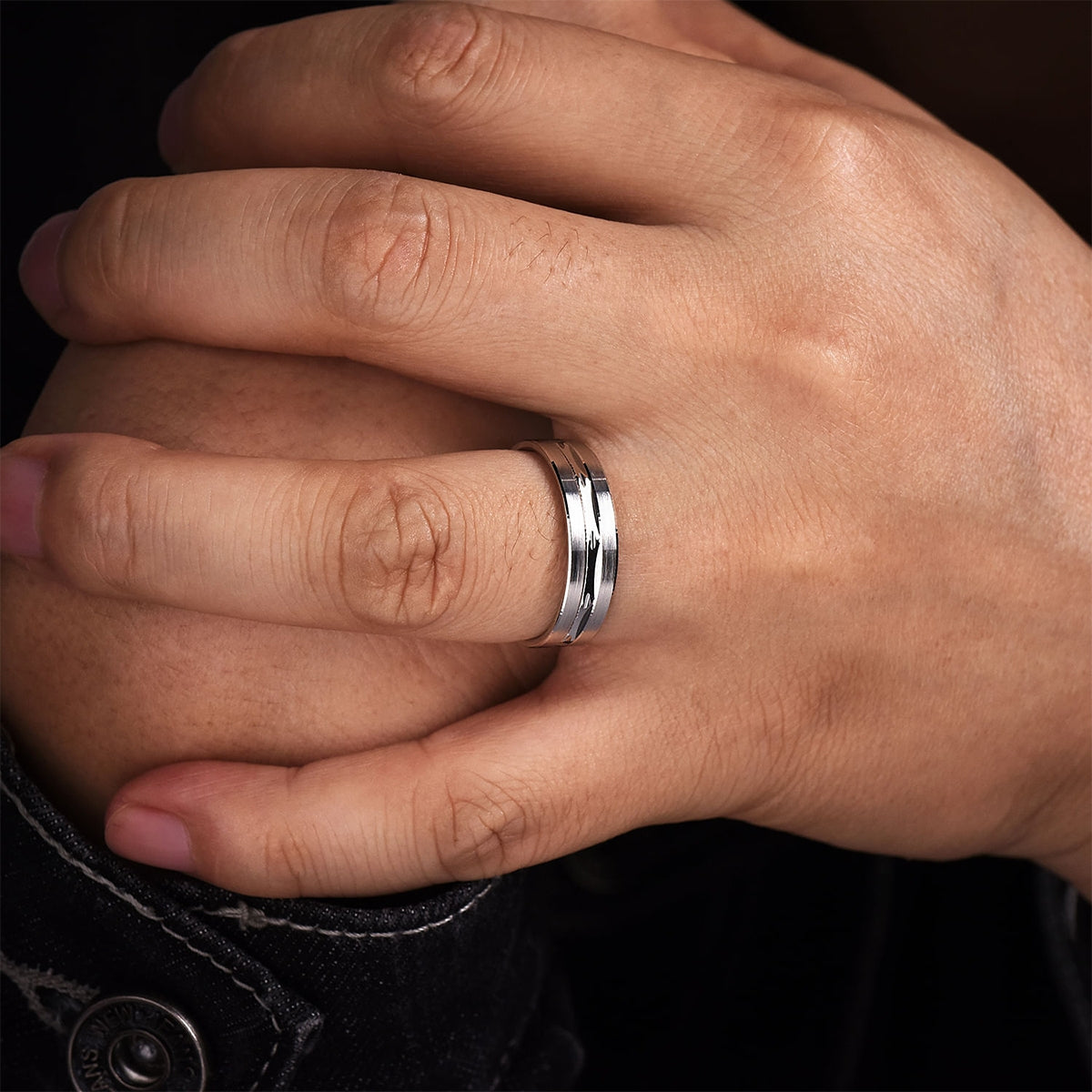 Gabriel & Co. Daniel Men's 6mm Satin Finish Carved Wedding Ring in 14K White Gold close-up detail