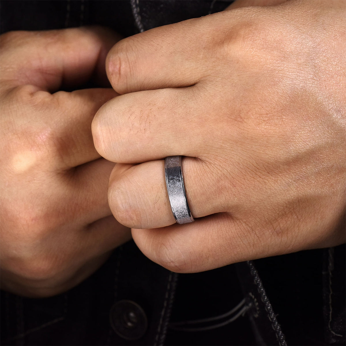 Gabriel & Co. Matthew Men's 6mm Brushed Finish Beveled Edge Wedding Ring in 14K White Gold close-up detail