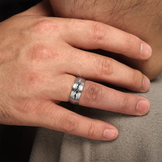 Gabriel & Co. Russell Men's 8mm Satin Finish Engraved Wedding Ring in 14K White Gold close-up detail