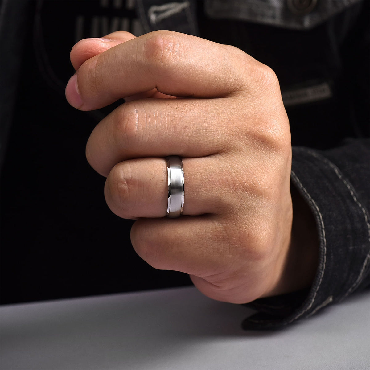 Gabriel & Co. Julian Men's 6mm Satin Finish Carved Edge Wedding Ring in 14k White Gold close-up detail