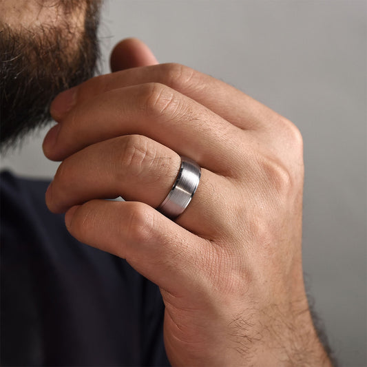 Gabriel & Co. Nathaniel Men's 8mm Satin Finish Polished Edge Wedding Ring in 14K White Gold close-up detail