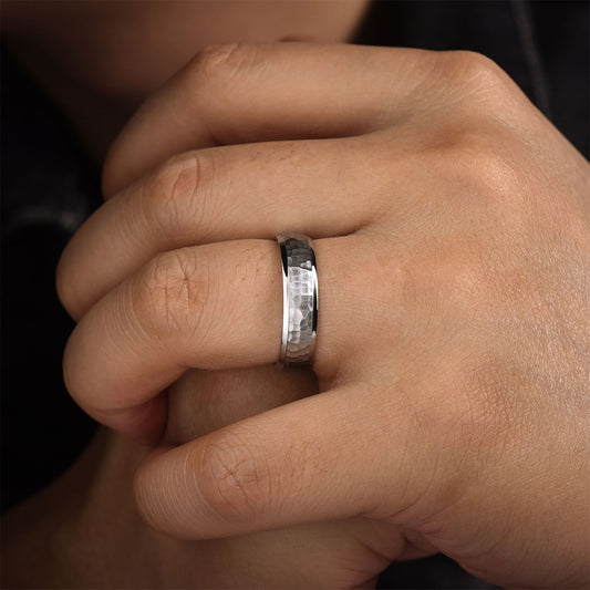 Gabriel & Co. Joshua Men's 6mm Hammered Finish Polished Edge Wedding Ring in 14K White Gold close-up detail