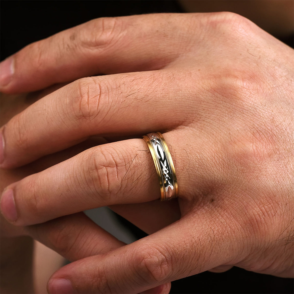 Gabriel & Co. Christopher Men's 6mm Satin Finish Engraved Wedding Ring in 14K White & Yellow Gold close-up detail