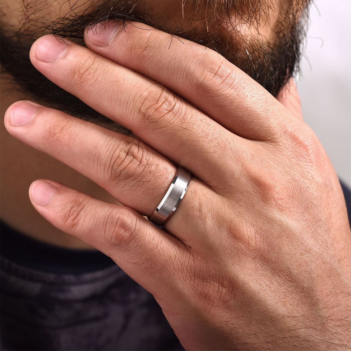 Gabriel & Co. Caleb Men's 6mm Satin Finish Beveled Edge Wedding Ring in 14K White Gold close-up detail
