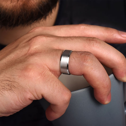 Gabriel & Co. Sebastian Men's 8mm Satin Finish Beveled Edge Wedding Ring in 14K White Gold close-up detail