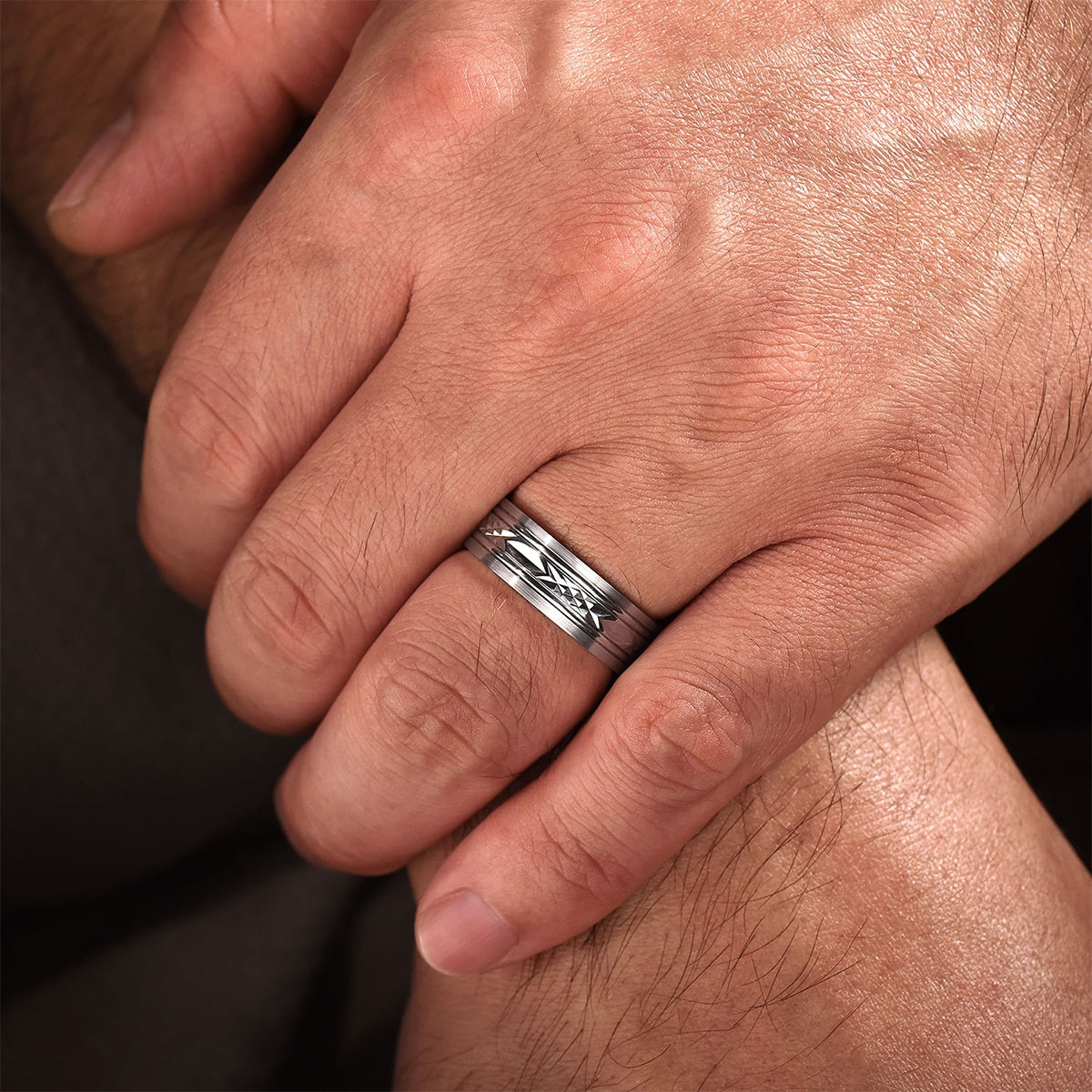 Gabriel & Co. Franco Men's 7mm Satin Finish Carved Wedding Ring in 14K White Gold close-up detail