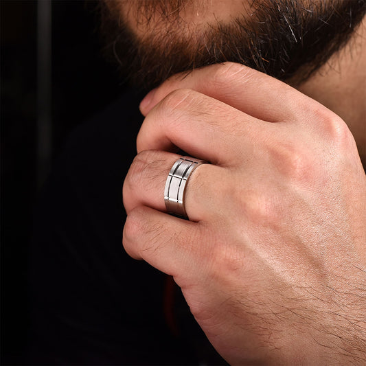 Gabriel & Co. Brian Men's 8mm Satin Finish Checkered Wedding Ring in 14K White Gold close-up detail