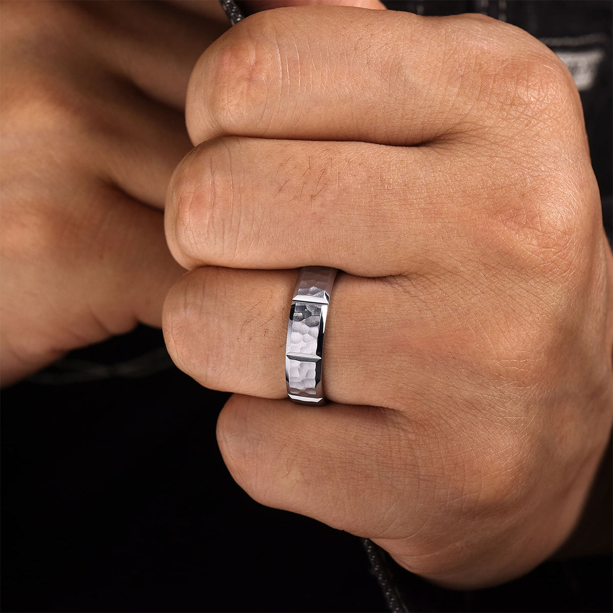 Gabriel & Co. Zachary Men's 6mm Hammered Finish Station Wedding Ring in 14K White Gold close-up detail