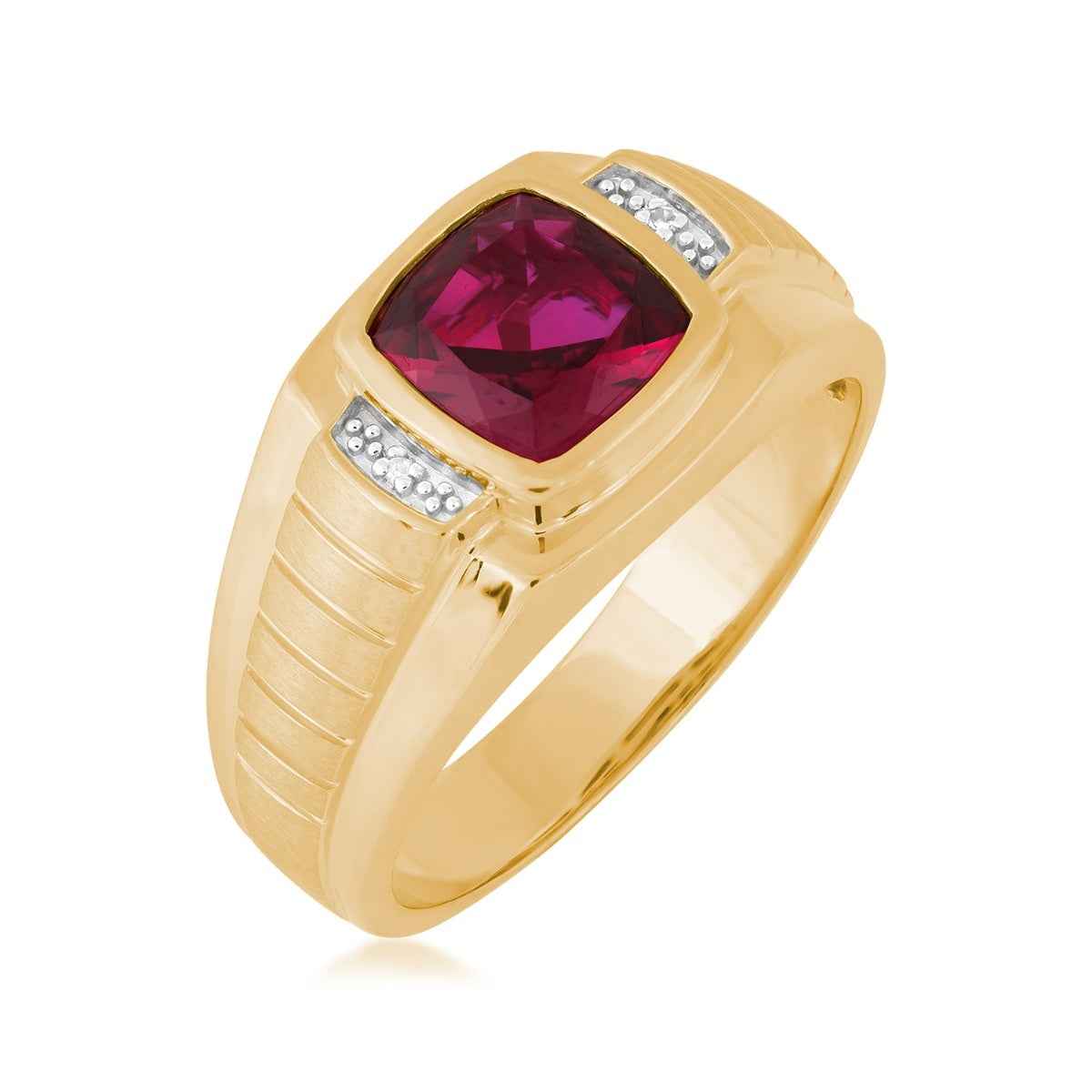 Men's Created Cushion Ruby & Diamond Accent Ring in 10K Yellow Gold front view