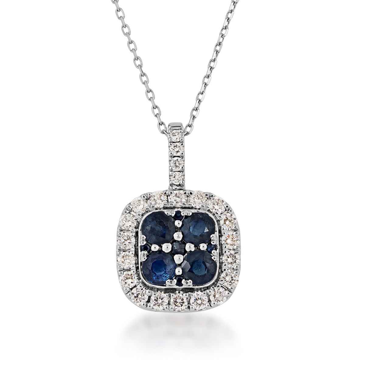 Sapphire Cushion Cluster and 1/2 ct. tw. Diamond Halo Pendant in 10K White Gold