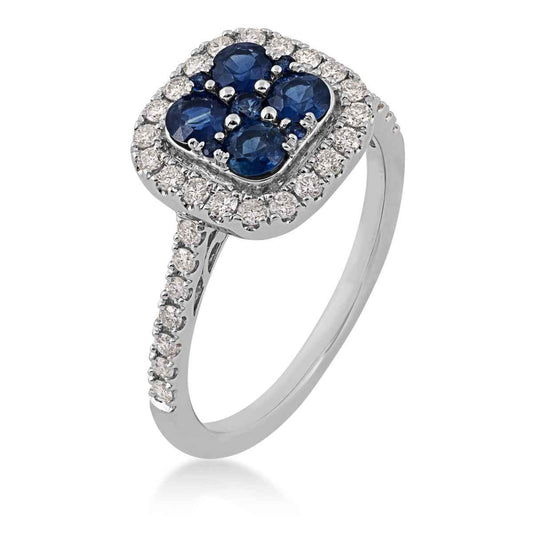 Sapphire Cushion Cluster and 3/8 ct. tw. Diamond Halo Ring in 10K White Gold front view