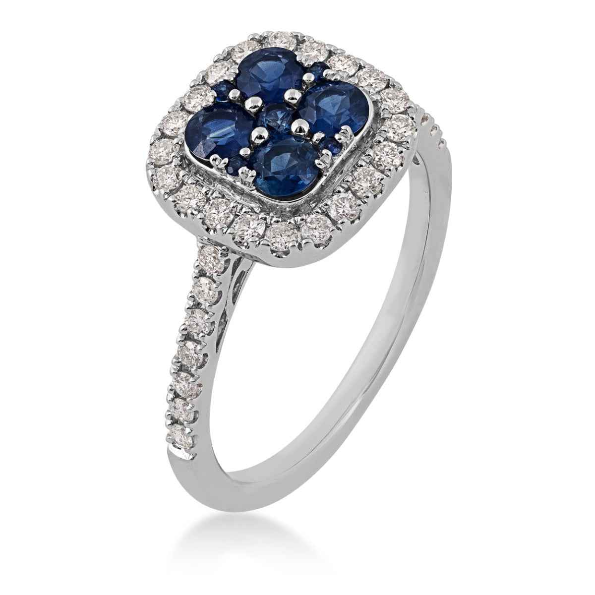 Sapphire Cushion Cluster and 3/8 ct. tw. Diamond Halo Ring in 10K White Gold front view